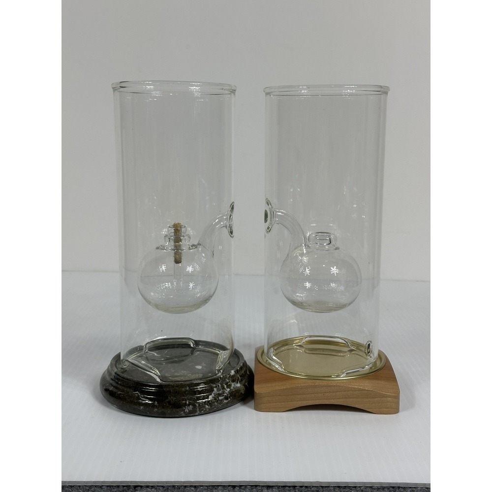 Pair Wolfard 9" Classic Glass Oil Lamps 1 Marble Stand 1 Wood Stand Medium 9"